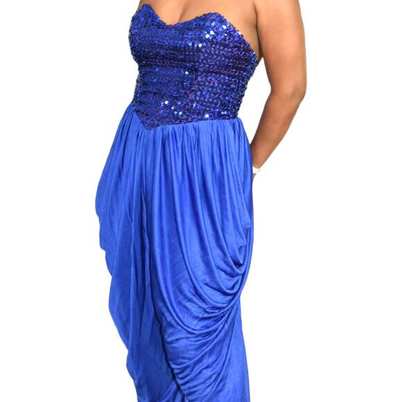 Sequin Draped Jumpsuit Vintage Blue Harem Strapless Sweetheart Pant Size Small - Picture 10 of 16